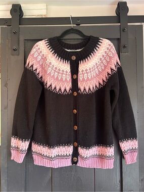 Handmade Black and Pink Fair Isle Button-Up Sweater Cardigan